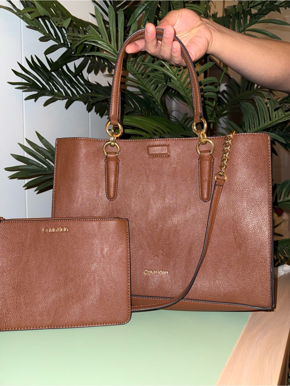 Calvin Klein Brown Leather Tote with Pouch